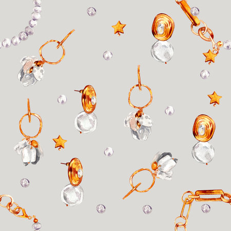 Watercolor illustration of fashion. Seamless pattern with gold jewelry with baroque pearls. Necklace with river baroque pearls, pearl earrings, bracelet, pendants. Handmade watercolor illustrations.の写真素材