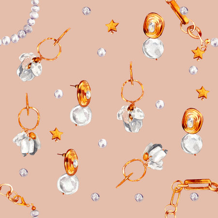 Watercolor illustration of fashion. Seamless pattern with gold jewelry with baroque pearls. Necklace with river baroque pearls, pearl earrings, bracelet, pendants. Handmade watercolor illustrations.の写真素材