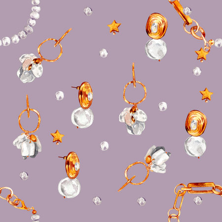 Watercolor illustration of fashion. Seamless pattern with gold jewelry with baroque pearls. Necklace with river baroque pearls, pearl earrings, bracelet, pendants. Handmade watercolor illustrations.の写真素材