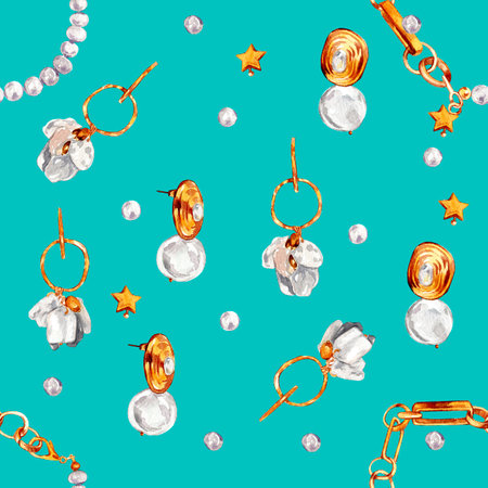 Watercolor illustration of fashion. Seamless pattern with gold jewelry with baroque pearls. Necklace with river baroque pearls, pearl earrings, bracelet, pendants. Handmade watercolor illustrations.の写真素材