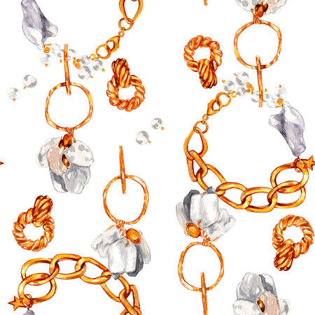 Watercolor illustration of fashion. Seamless pattern with gold jewelry with baroque pearls. Necklace with river baroque pearls, pearl earrings, bracelet, pendants. Handmade watercolor illustrations.の写真素材