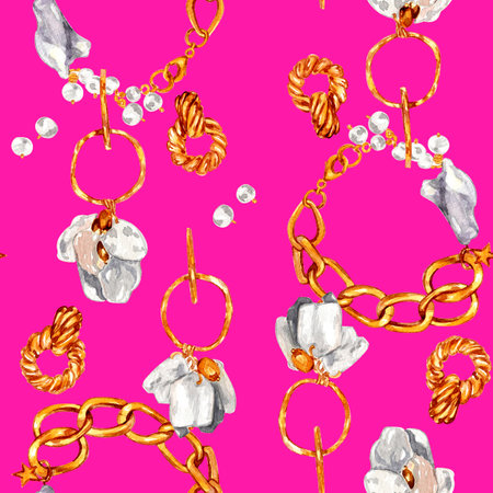 Watercolor illustration of fashion. Seamless pattern with gold jewelry with baroque pearls. Necklace with river baroque pearls, pearl earrings, bracelet, pendants. Handmade watercolor illustrations.の写真素材