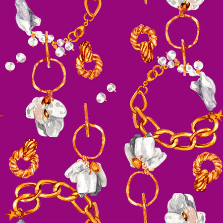 Watercolor illustration of fashion. Seamless pattern with gold jewelry with baroque pearls. Necklace with river baroque pearls, pearl earrings, bracelet, pendants. Handmade watercolor illustrations.の写真素材