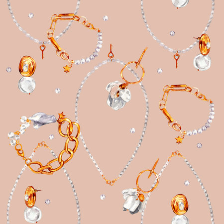 Watercolor illustration of fashion. Seamless pattern with gold jewelry with baroque pearls. Necklace with river baroque pearls, pearl earrings, bracelet, pendants. Handmade watercolor illustrations.の写真素材
