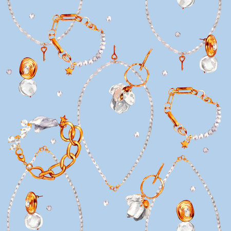 Watercolor illustration of fashion. Seamless pattern with gold jewelry with baroque pearls. Necklace with river baroque pearls, pearl earrings, bracelet, pendants. Handmade watercolor illustrations.の写真素材