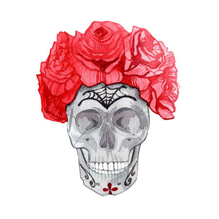 holy death. A watercolor illustration for the day of the dead. Sugar skull with flowers. Full color illustration.の写真素材