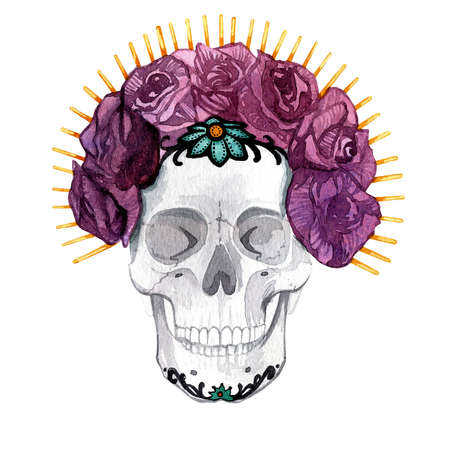 holy death. A watercolor illustration for the day of the dead. Sugar skull with flowers. Full color illustration.の写真素材