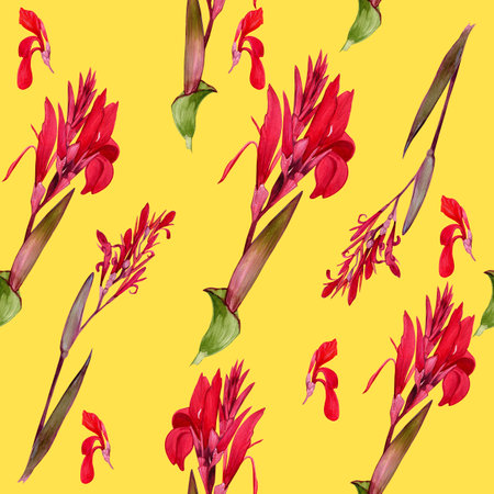 Seamless fashion pattern with watercolor illustrations of a canna lily flower on a yellow background. Exotic red canna flower and jungle leaves to print on textiles or for backdrop.の写真素材