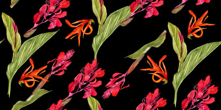 Seamless fashion pattern with watercolor illustrations of a canna lily flower on a black background. Exotic red canna flower and jungle leaves to print on textiles or for backdrop. hand illustration.の写真素材