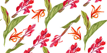 Seamless fashion pattern with watercolor illustrations of a canna lily flower on a white background. Exotic red canna flower and jungle leaves to print on textiles or for backdrop. hand illustration.の写真素材