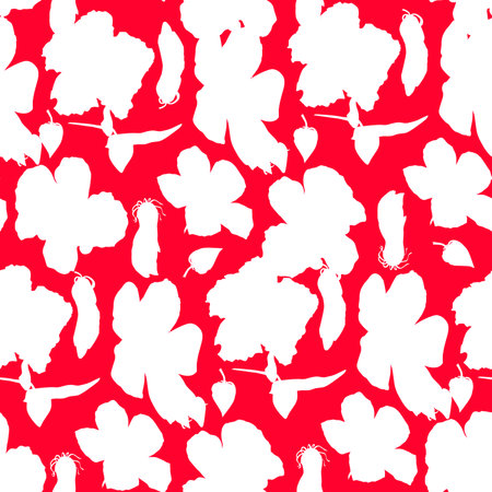 Seamless pattern of hand-drawn watercolor illustrations of Hawaiian hibiscus flowers. Bright tropical flowers on a red background.の写真素材