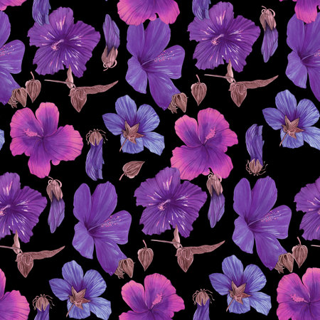 Seamless pattern of hand-drawn watercolor illustrations of Hawaiian hibiscus flowers. Blue and violet tropical flowers on a black background. fashion printの写真素材
