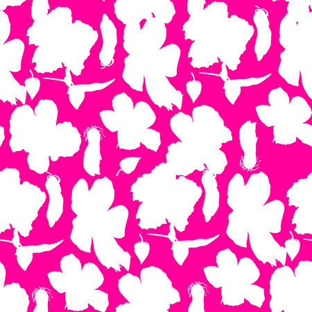 Seamless pattern of hand-drawn watercolor illustrations of Hawaiian hibiscus flowers. Bright tropical flowers on a pink background. fashion printの写真素材