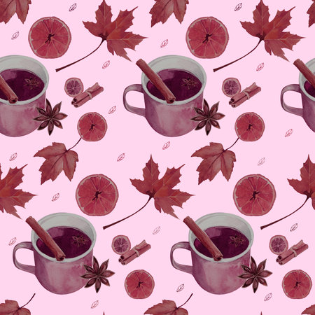 Seamless watercolor drawing with fall elements, foliage, cup of tea, cinnamon. autumn season. Repeated horizontally and vertically. Hand-drawn illustrations.の写真素材