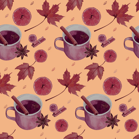 Seamless watercolor drawing with fall elements, foliage, cup of tea, cinnamon. autumn season. Repeated horizontally and vertically. Hand-drawn illustrations.の写真素材