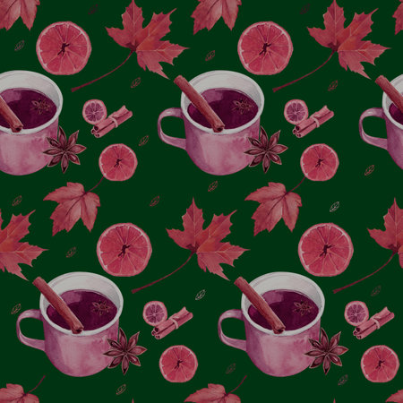 Seamless watercolor drawing with fall elements, foliage, cup of tea, cinnamon. autumn season. Repeated horizontally and vertically. Hand-drawn illustrations.の写真素材