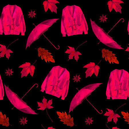 Seamless watercolor drawing with fall elements, foliage, umbrella, cardigan. autumn season. Repeated horizontally and vertically. Hand-drawn illustrations.の写真素材