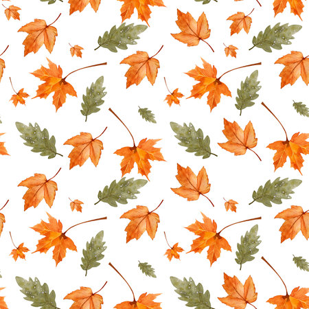 Seamless watercolor pattern with fall leaf elements. autumn season. Repeated horizontally and vertically. Hand-drawn illustrations.の写真素材