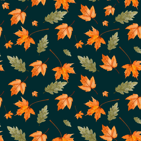 Seamless watercolor pattern with fall leaf elements. autumn season. Repeated horizontally and vertically. Hand-drawn illustrations.の写真素材