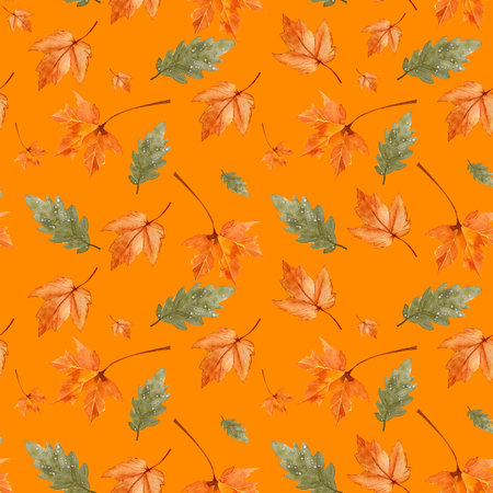 Seamless watercolor pattern with fall leaf elements. autumn season. Repeated horizontally and vertically. Hand-drawn illustrations.の写真素材