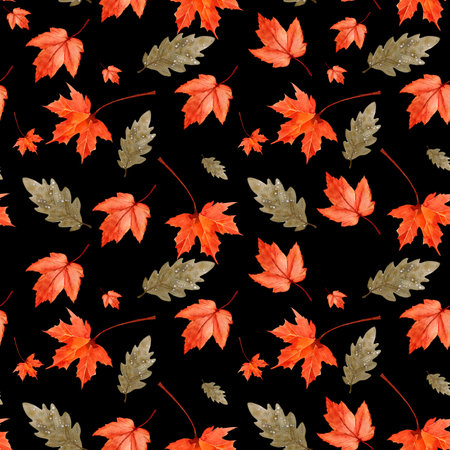 Seamless watercolor pattern with fall leaf elements. Autumn season. Repeated horizontally and vertically.の写真素材