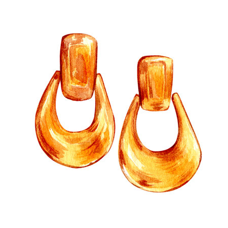 watercolor fashion illustration. Large gold earrings. Jewelry illustration in watercolor. Hand-drawn watercolor illustration.の写真素材