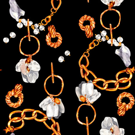 Watercolor illustration of fashion. Seamless pattern with gold jewelry with baroque pearls. Necklace with river baroque pearls, pearl earrings, bracelets, pendants. handmade watercolor illustrations. Seamless fabric print. Gold jewelry on black background.の写真素材