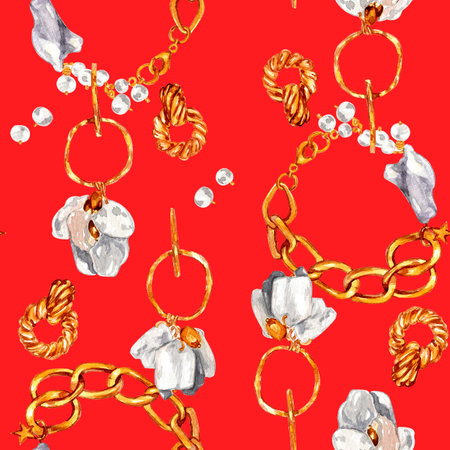 Watercolor illustration of fashion. Seamless pattern with gold jewelry with baroque pearls. Necklace with river baroque pearls, pearl earrings, bracelets, pendants. handmade watercolor illustrations. Seamless fabric print. Gold jewelry on red background.の写真素材