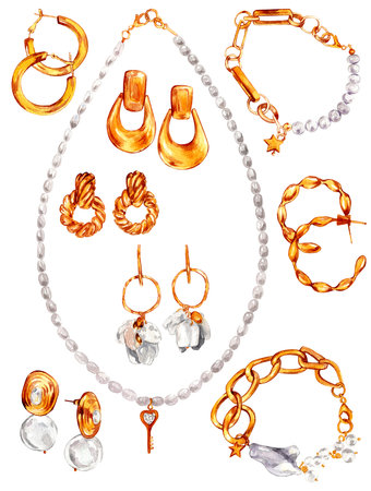 Watercolor illustration of fashion. Set of gold jewelry with baroque pearls. Necklace with river baroque pearls, pearl earrings, bracelets, pendants. Hand-drawn watercolor illustrations.の写真素材