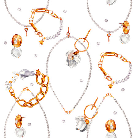 Watercolor illustration of fashion. Seamless pattern with gold jewelry with baroque pearls. Necklace with river baroque pearls, pearl earrings, bracelets, pendants. handmade watercolor illustrations. Seamless fabric print. Gold jewelry on white background.の写真素材