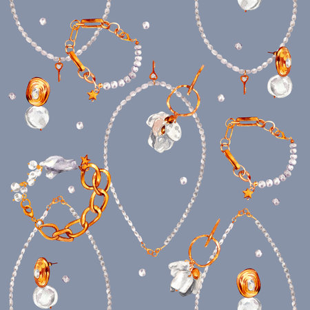 Watercolor illustration of fashion. Seamless pattern with gold jewelry with baroque pearls. Necklace with river baroque pearls, pearl earrings, bracelets, pendants. handmade watercolor illustrations. Seamless fabric print. Gold jewelry on gray and blue background.の写真素材