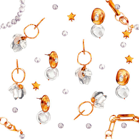 Watercolor illustration of fashion. Seamless pattern with gold jewelry with baroque pearls. Necklace with river baroque pearls, pearl earrings, bracelets, pendants. handmade watercolor illustrations. Seamless fabric print. Gold jewelry on white background.の写真素材