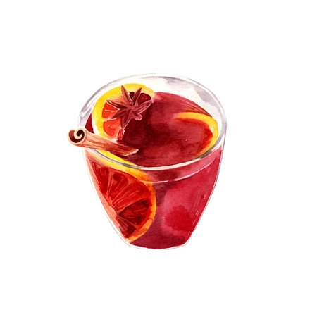 Watercolor illustration of mulled wine isolated on white background. Autumn handmade illustration.の写真素材