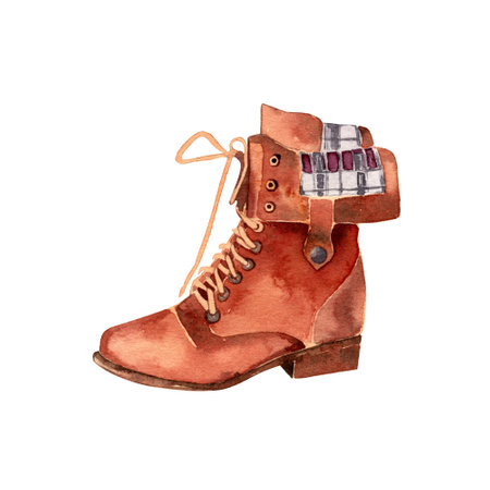Watercolor illustration of boots isolated on white background. Autumn handmade illustration.
