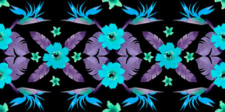 Seamless pattern with different flowers and leaves: rose, daisy and strelitzia, watercolor painting. For design cards, drawing and textiles. Blue pattern on black background.の写真素材