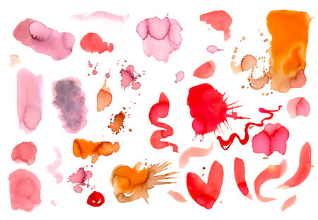 30 watercolor hand-drown abstract textures. Set of watercolor backgrounds, stains, splashes, blots, hearts, spots of pink. Set of elements for design.の写真素材