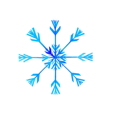 Image of a blue snowflake on a white background hand-painted watercolour illustrationの写真素材