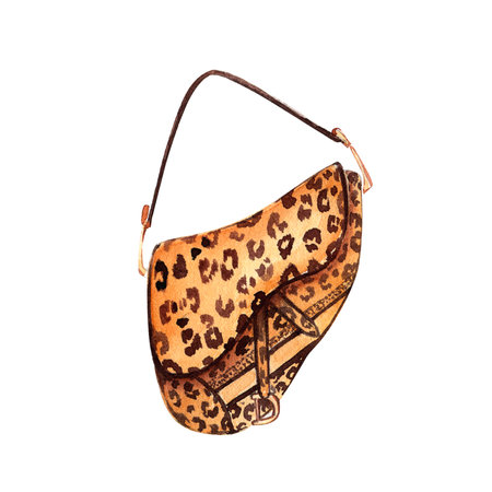 Watercolour hand-printed fashion illustration of a handbag. Accessory saddle bag with leopard print.の写真素材