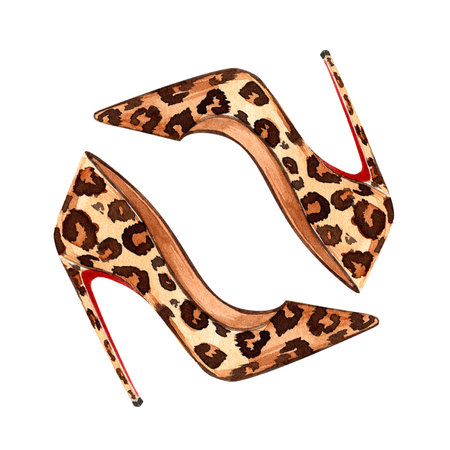 Watercolor handmade fashion illustration heeled shoes. Leopard print shoes. Accessory.の写真素材