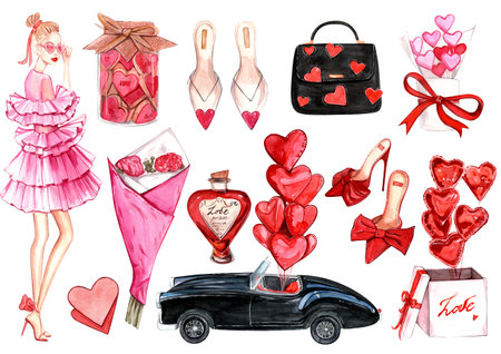 Valentine's Day. February 14. Set of hand-drown watercolor fashion illustrations. Isolated illustrations on white background. Romantic set: fashion girl, heart shaped balloons, retro car, balloon box, macarons, valentine, bag and shoes. Hand-paintedの写真素材