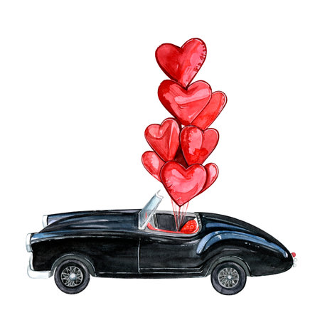 Valentines Day. February 14. Watercolor hand-painted romantic illustration of a retro car with heart-shaped balloons. Graphic element for the design. Isolate on whiteの写真素材