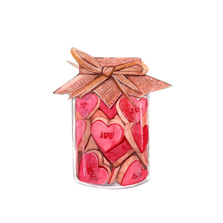 Valentines Day. February 14. Watercolor hand-painted romantic illustration of a jar with hearts. Graphic element for the design. Isolate on white.の写真素材
