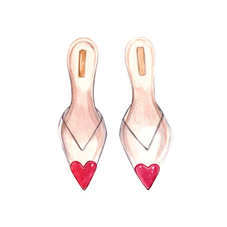 Valentines Day. February 14. Watercolor hand-painted fashion illustration of shoes. Graphic element for design. Isolate on white.の写真素材