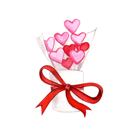 Valentines Day. February 14. Watercolor hand-drawn romantic illustration of a vase with hearts macarons. Graphic element for design. Isolate on white.の写真素材