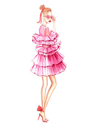 Valentines Day. February 14. Watercolor hand-drawn fashion illustration. Girl in pink dress. Graphic element for design. Isolate on white.の写真素材