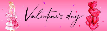 Valentine's Day. February 14. Banner with an image of a fashion girl and balloons in the shape of hearts. Romantic composition for banner, website, poster, ads, promotional materials. Handmade watercolor illustration on pink background. Hand-painted.の写真素材
