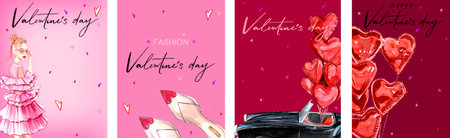 Valentines Day. February 14. Set of cards with handmade watercolor fashion illustrations. Flyer, invitation, poster, brochure, postcard.の写真素材