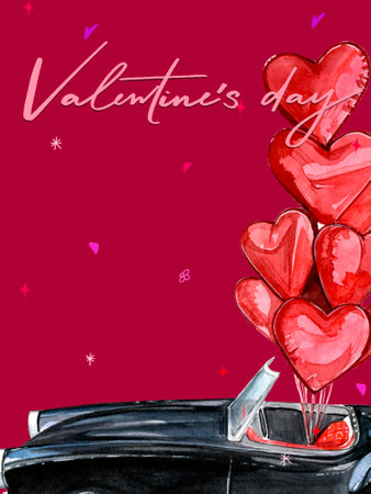 Valentines Day. February 14. Postcard with handmade watercolor fashion illustration. Retro car with balloons in the shape of hearts. Flyer, invitation, poster, brochure, postcard.の写真素材