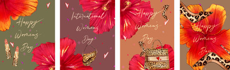 A collection of greeting cards for International Womens Day. Hand-painted watercolor illustration in a fashionable cartoon style of four postcard concepts with tropical spring flowers.の写真素材