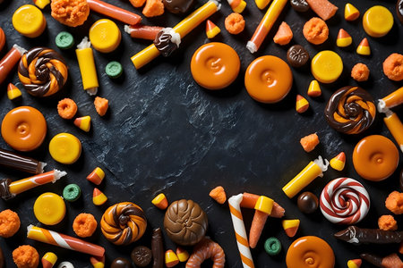 A vibrant assortment of colorful Halloween candies scattered across a dark surface, featuring lollipops, candy corn, gummies, chocolates, and wrapped sweets.の素材